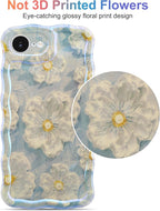 Jusy Compatible with iPhone 16e, Colorful Retro Oil Painting Printed Flower Laser Glossy Pattern Cute Curly Wave Phone Case Soft TPU Cover for Girly Women - Light Blue