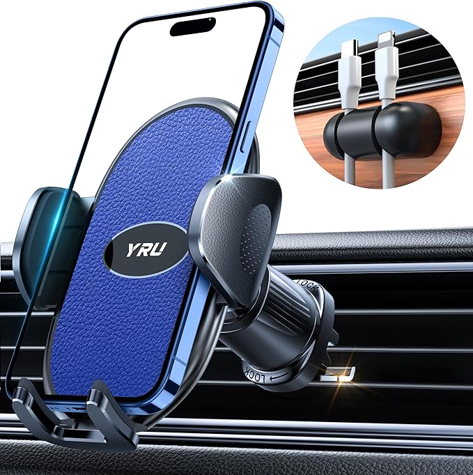 YRU Car Phone Holder [2025 Upgraded Metal Hook Clip], Phone Holders for Your Car [No Fear of Bumps] Air Vent Phone Mount Widely Compatible with iPhone16 15 14 13 Samsung Android Smartphones (Sapphire)