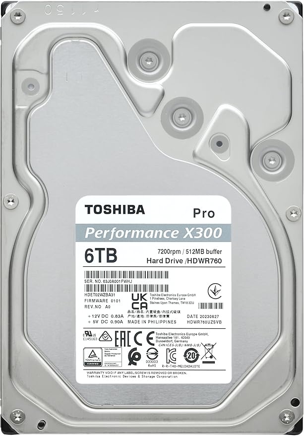 Toshiba X300 PRO 6TB High Workload Performance for Creative Professionals 3.5-Inch Internal Hard Drive – Up to 300 TB/Year Workload Rate CMR SATA 6 GB/s 7200 RPM 512 MB Cache - HDWR760XZSTB