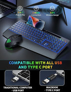 Wireless Keyboard and Mouse Backlits, Wrist Rest, LED Mouse, Rechargeable Ergonomic Keyboard with Phone Holder, Silent Light Up Combo for Computer, Mac, PC, Laptop, Chromebook (Black)