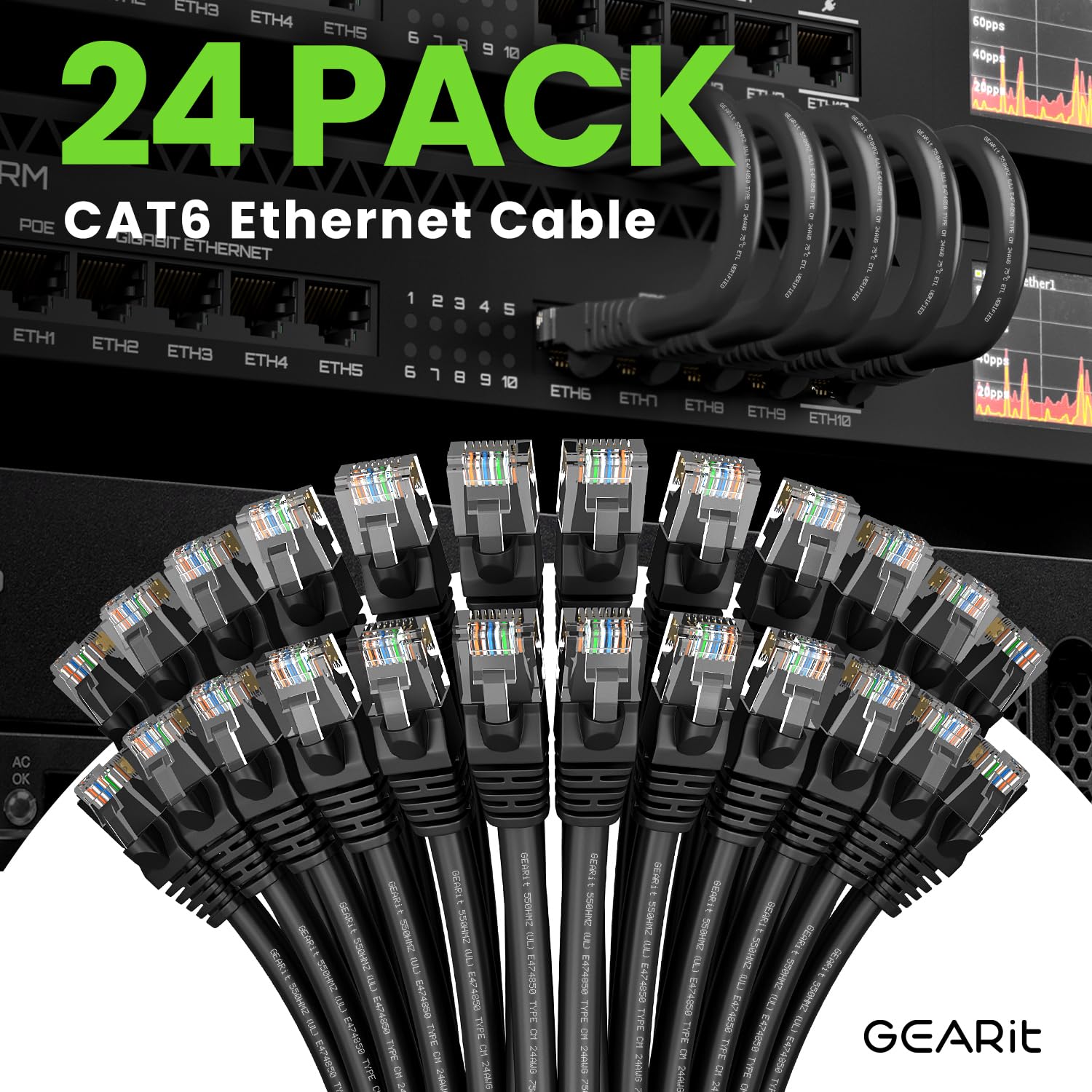 GEARit Cat 6 Ethernet Cable Pack - 24-Pack 5 ft Cat6 Ethernet Patch Cables | RJ45 Network Patch Cable, 10 Gbps Snagless Gold-Plated Connectors - Ethernet Cable Cat 6 for PC, TV, Router - Black