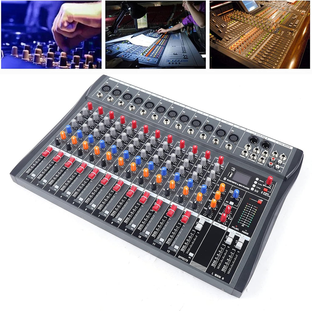 Pro 12 Channels Live Audio Mixer Bluetooth USB DJ Sound Mixing Console with 3 Stage Equalization Regulate 6 Modes Of Music for Family Ktv,Campus Speech,Meeting