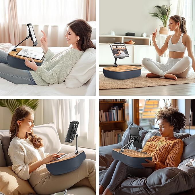 Lap Beanbag Cozy Kindle Pillow Stand for Bed with Adjustable Arm, 360° Tablet Holder, Fits 4.7"-13" Kindle, iPad, Phone, Lap Desk for Hands Free Reading in Bed, Couch, Sofa,Gray