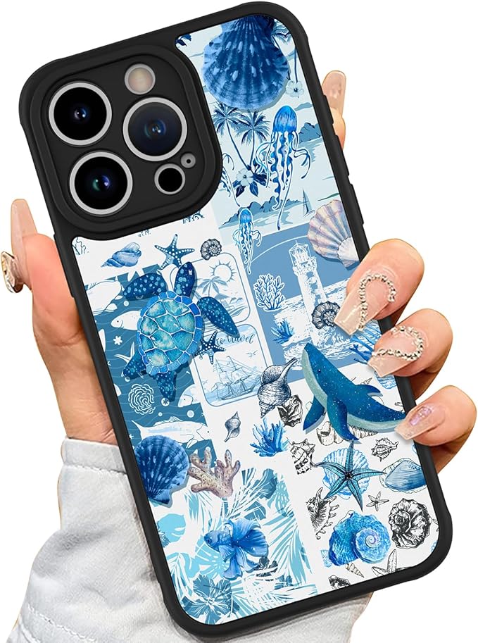 AIGOMARA Case for iPhone 15 Pro [Compatible with MagSafe] Blue Turtle Shell Ocean Collage Pattern Design for Women Girls Men Soft TPU Bumper Hack PC Back Shockproof Protective Slim Magnetic Cover