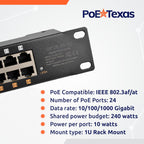 PoE Texas 24 Port PoE Injector - Multi-Port PoE Gigabit Rack Mount Midspan for IP Cameras, Phones, WiFi AP, Add Power Over Ethernet to Non-PoE Switch or Network Router, Includes 56v 240w Power Supply