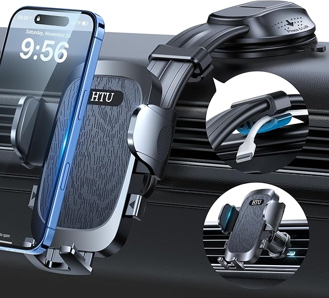 HTU Upgraded Strongest Suction Car Phone Holder Bendable Arm, Never Block View Rotatable Cellphone Mount for Dashboard Windshield Vent, Cradle Stand for iPhone 16 15 14 13 12 Pro Max (Black)