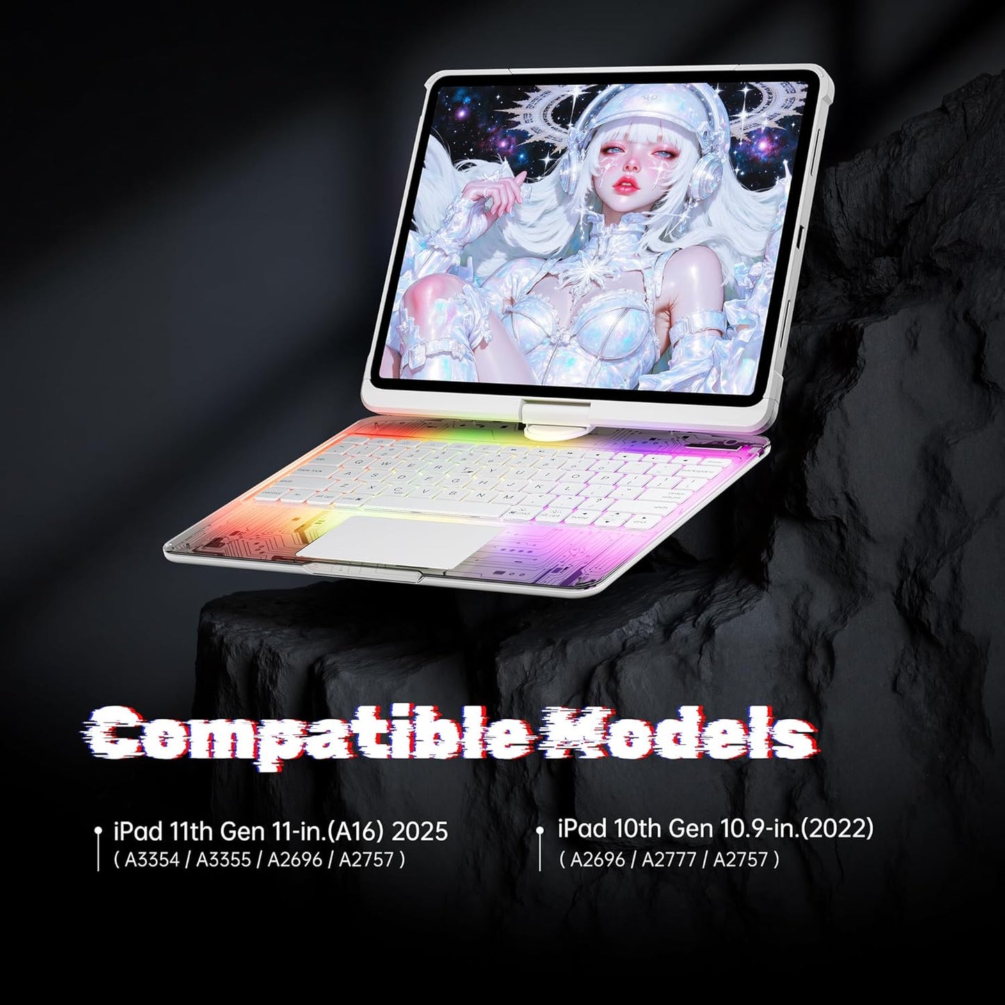 KITONE Transparent Case with Wireless Keyboard for iPad 11th Gen 11-in.(A16, 2025), 2022 iPad 10th Gen 10.9-in, 7 Colors Backlight, Trackpad, 360°Rotating Stand, Tech Style