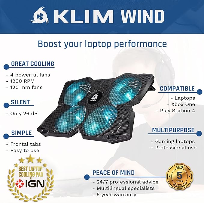 KLIM Wind Laptop Cooling Pad - More Than 500 000 Units Sold - New Version - The Most Powerful Rapid Action Cooling Fan - Laptop Stand with 4 Cooling Fans at 1200 RPM - USB Fan - PS5 PS4 - Cyan