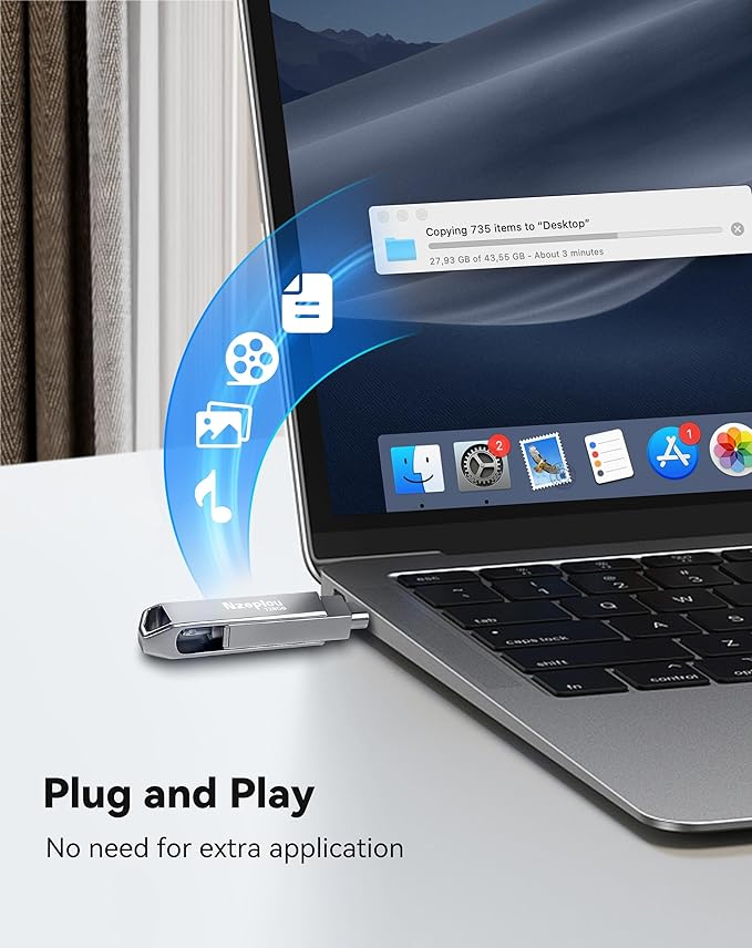 128GB Flash Drive for iPhone iPad, USB3.0 High-Speed Memory Stick No App Needed, Lightening & USB-C External Memory Storage for Photos Videos, Picture Backup Thumb Drive Plug & Play(Silver)