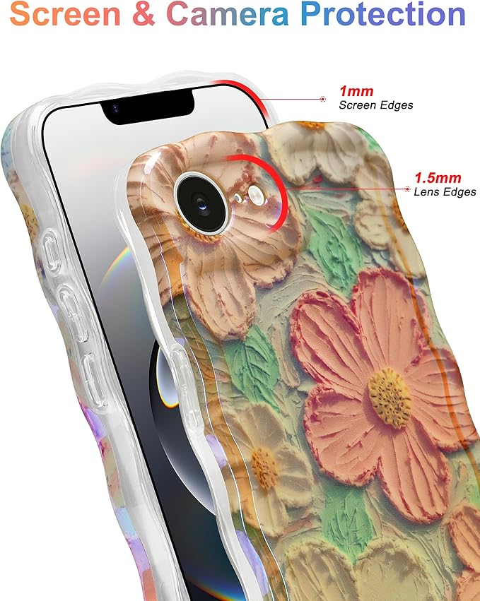 Jusy Compatible with iPhone 16e, Colorful Retro Oil Painting Printed Flower Laser Glossy Pattern Cute Curly Wave Phone Case Soft TPU Cover for Girly Women - Orange Yellow