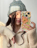 Jusy Compatible with iPhone 14, Colorful Retro Oil Painting Printed Flower Laser Glossy Pattern Cute Curly Wave Phone Case Soft TPU Cover for Girly Women - Orange Yellow