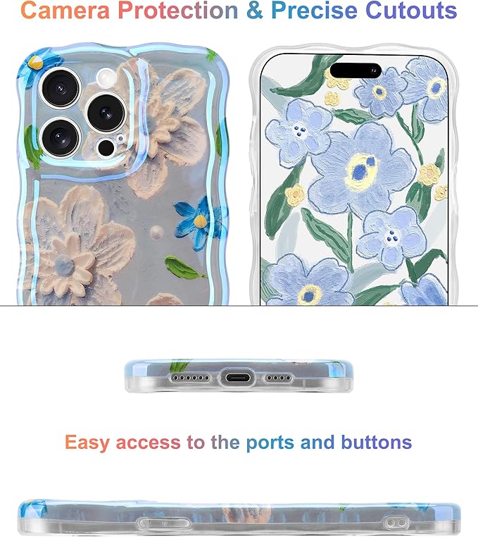 Jusy Compatible with iPhone 14 Pro Max, Colorful Retro Oil Painting Printed Flower Laser Glossy Pattern Cute Curly Wave Phone Case Soft TPU Cover for Girly Women - Blue Flower