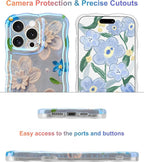 Jusy Compatible with iPhone 14 Pro Max, Colorful Retro Oil Painting Printed Flower Laser Glossy Pattern Cute Curly Wave Phone Case Soft TPU Cover for Girly Women - Blue Flower