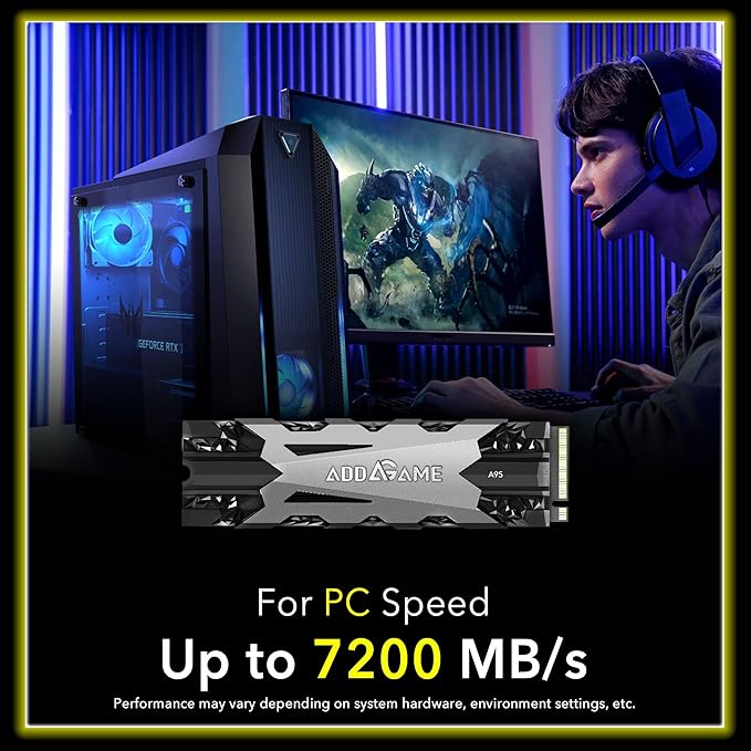 Addlink A95 2TB M.2 SSD Gaming PC Storage Expansion with Heatsink, up to 7200 MB/s, Internal Gaming SSD -2280 PCIe NVMe Gen4X4 3D TLC with Dram NAND SSD