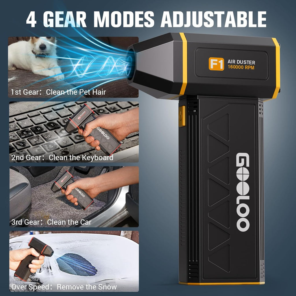 GOOLOO F1 Electric Air Duster with Mini Vacuum, 3 Gear Adjustable 160000 RPM Compressed Air Duster, Mini Blower for Keyboard PC Car, Cordless Rechargeable Air Blower,Yellow