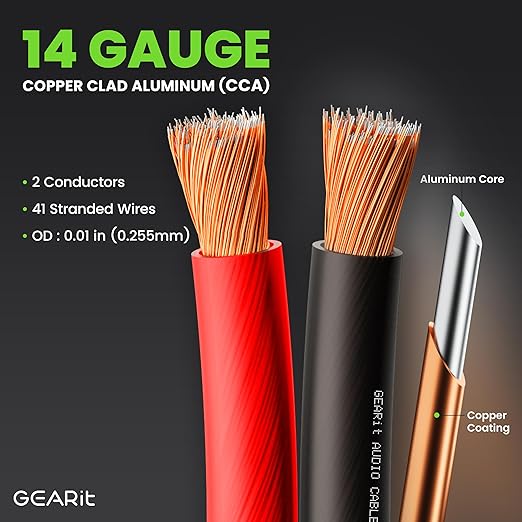 14 Gauge Car Speaker Wire, GearIT Pro Series (100 Feet, Soft Touch Translucent Red / Black) Copper Clad Aluminum CCA 14 AWG Automotive Car Speaker Wire for Car Stereo, Car Audio Wiring Kit - 100ft