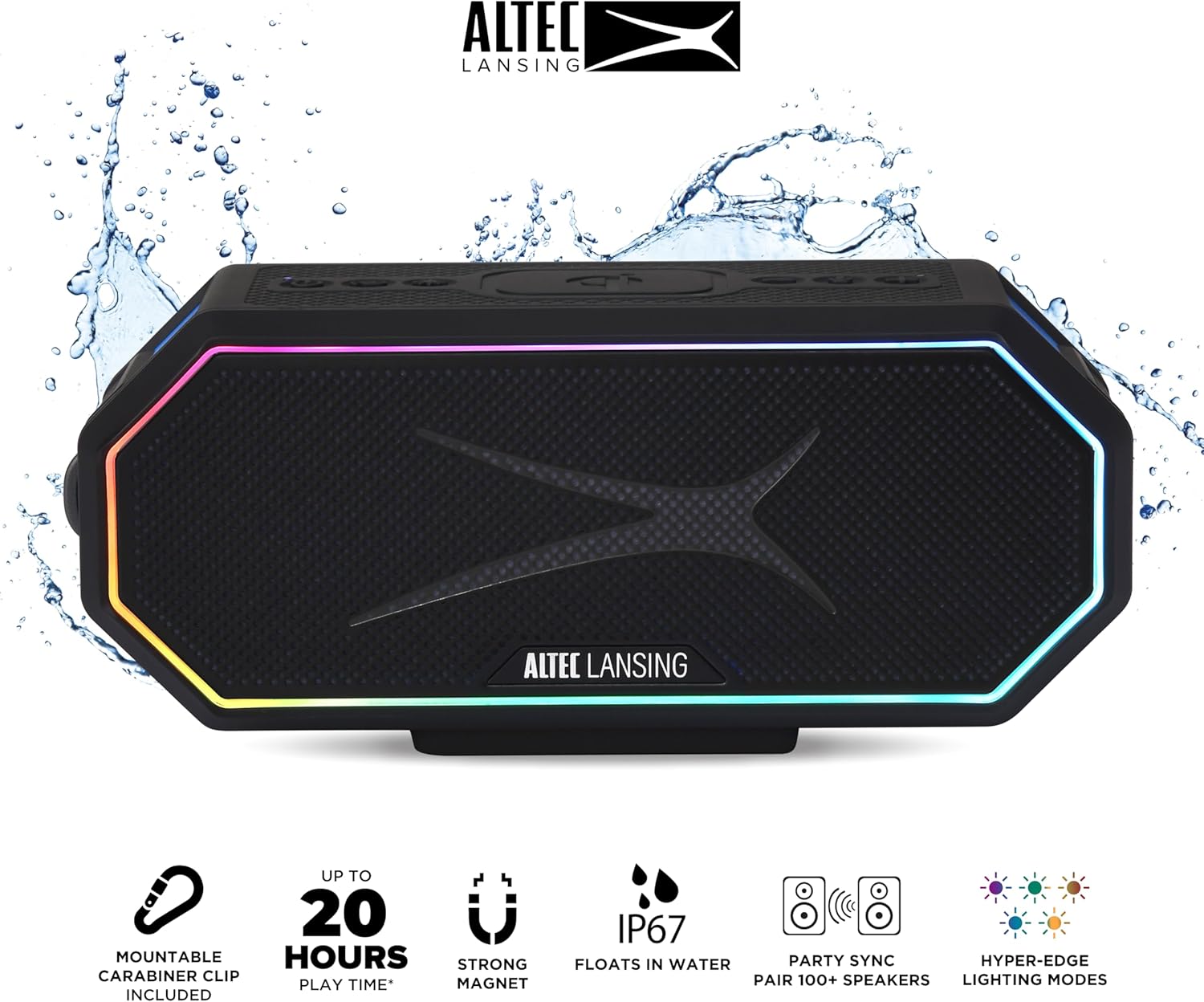Altec Lansing Loud Portable Speakers Bluetooth Wireless Waterproof - MultiColor LED, 20 Hour Playtime, Mount Included | HydraBLAST 2.0 Magnetic Bluetooth Speaker for Travel, Home and Outdoor Adventure