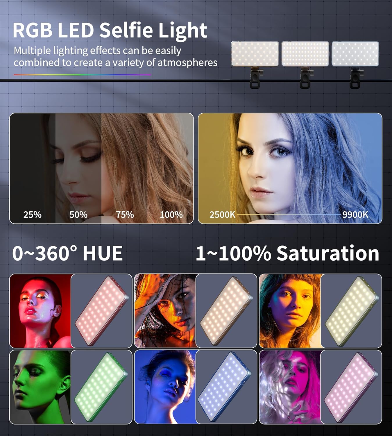 Selfie Camera Phone Light with Metal Hotshoe & Clip, CRI 96+ 2500K-9900K Rechargeable RGB Video Light for Laptops, Cameras, Selfie, Video Conference, TikTok Live Streaming, Filming