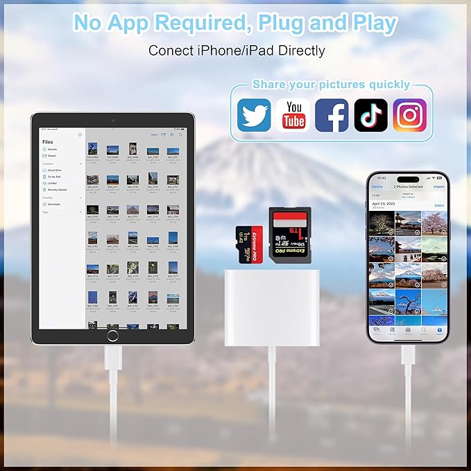 SD Card Reader for iPhone, Memory Card Reader with USB Camera Adapter Plug and Play Trail Game Camera Viewer Supports SD and TF Card MicroSD Card Adapter for iPad No App Required