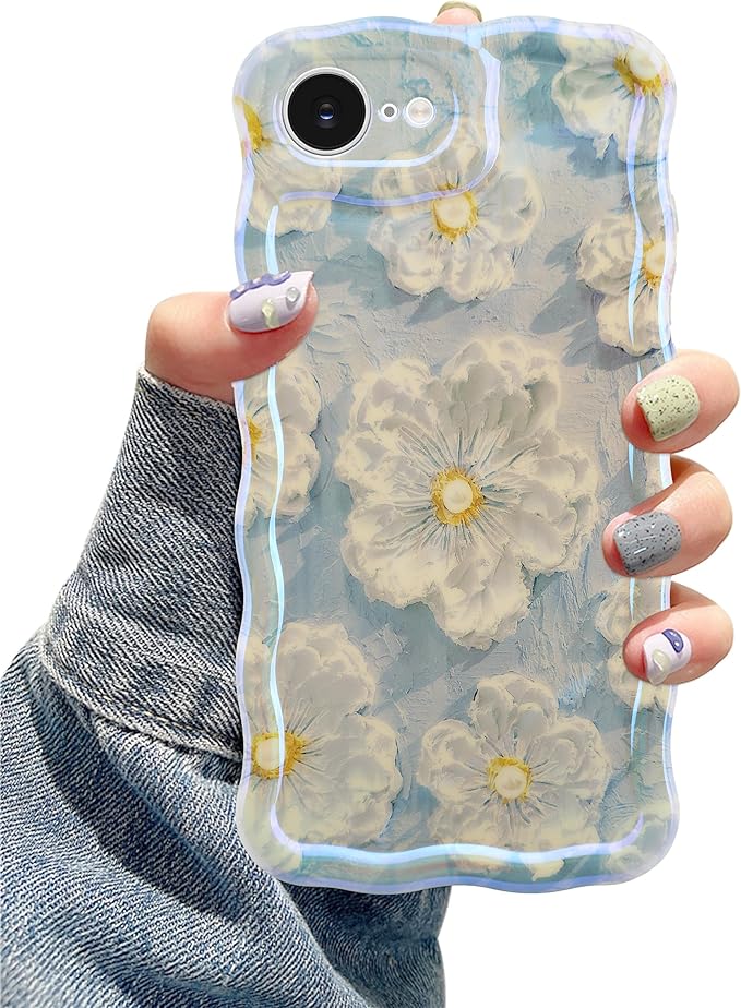 Jusy Compatible with iPhone 16e, Colorful Retro Oil Painting Printed Flower Laser Glossy Pattern Cute Curly Wave Phone Case Soft TPU Cover for Girly Women - Light Blue