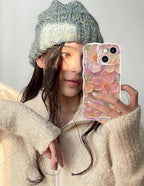 Jusy Case for iPhone 15, Colorful Retro Oil Painting Printed Flower Laser Blue Glossy Pattern Cute Curly Wave Phone Case Soft TPU Cover for Girly Women -Pink