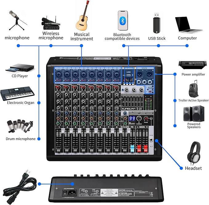 S-10 Audio Mixer 10 channel 8 channel Professional DJ Mixing Console with Reverb MP3 Player Bluetooth 48V Phantom Power Supply USB Recording for Studio Karaoke Live Music