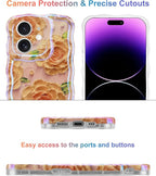 Jusy Compatible with iPhone 12, Colorful Retro Oil Painting Printed Flower Laser Glossy Pattern Cute Curly Wave Phone Case Soft TPU Cover for Girly Women - Pink Rose