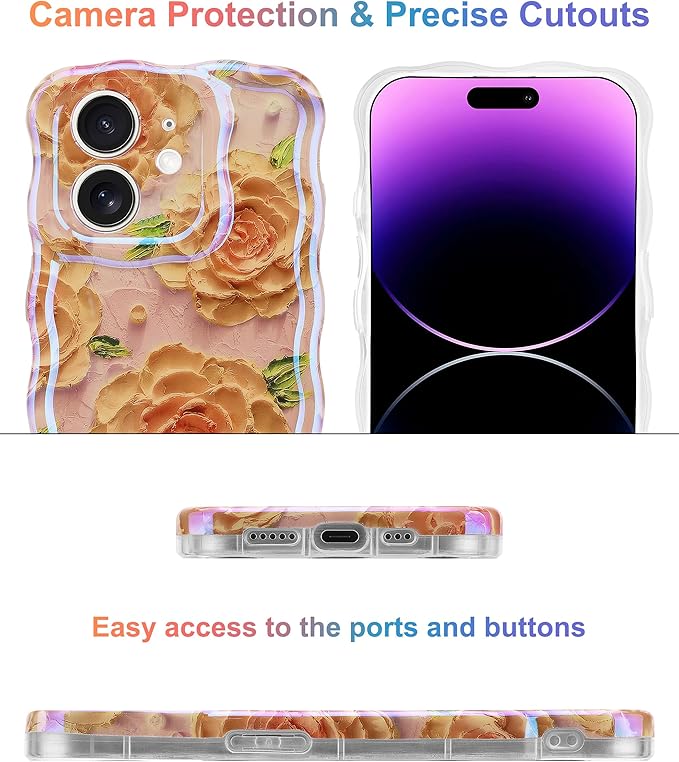 Jusy Compatible with iPhone 12, Colorful Retro Oil Painting Printed Flower Laser Glossy Pattern Cute Curly Wave Phone Case Soft TPU Cover for Girly Women - Pink Rose