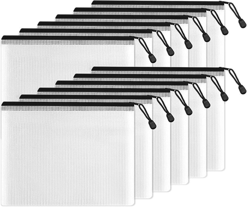 SUNEE Plastic Mesh Zipper Pouch 6x9 in (Black, 12 Packs),Extra Large Water-Resistant Zip Bag for School Office Supplies, Puzzles & Games Organizing Storage