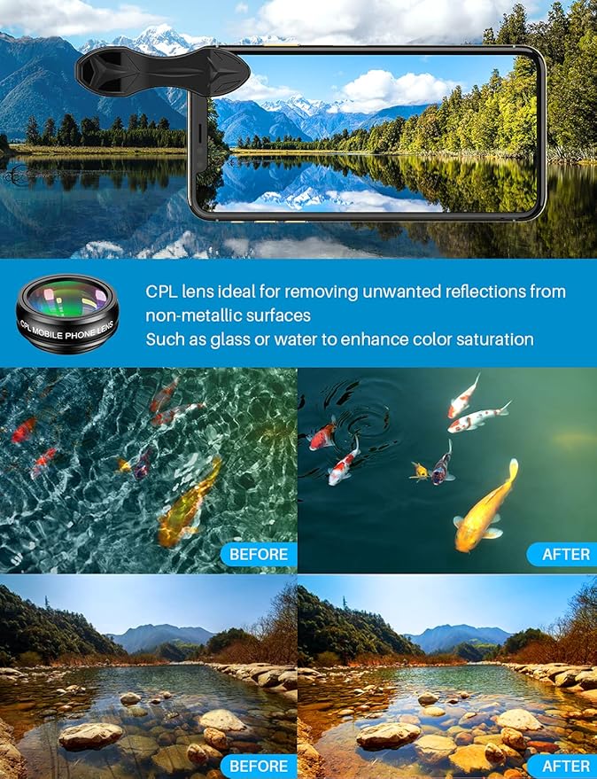 10 in 1 Cell Phone Camera Lens Kit, Wide Angle Lens & Macro Lens+Fisheye Lens+Telephoto Lens+CPL/Flow/Radial/Star Filter+Kaleidoscope 3/6 Lens for iPhone Samsung Sony and Most of Smartphone
