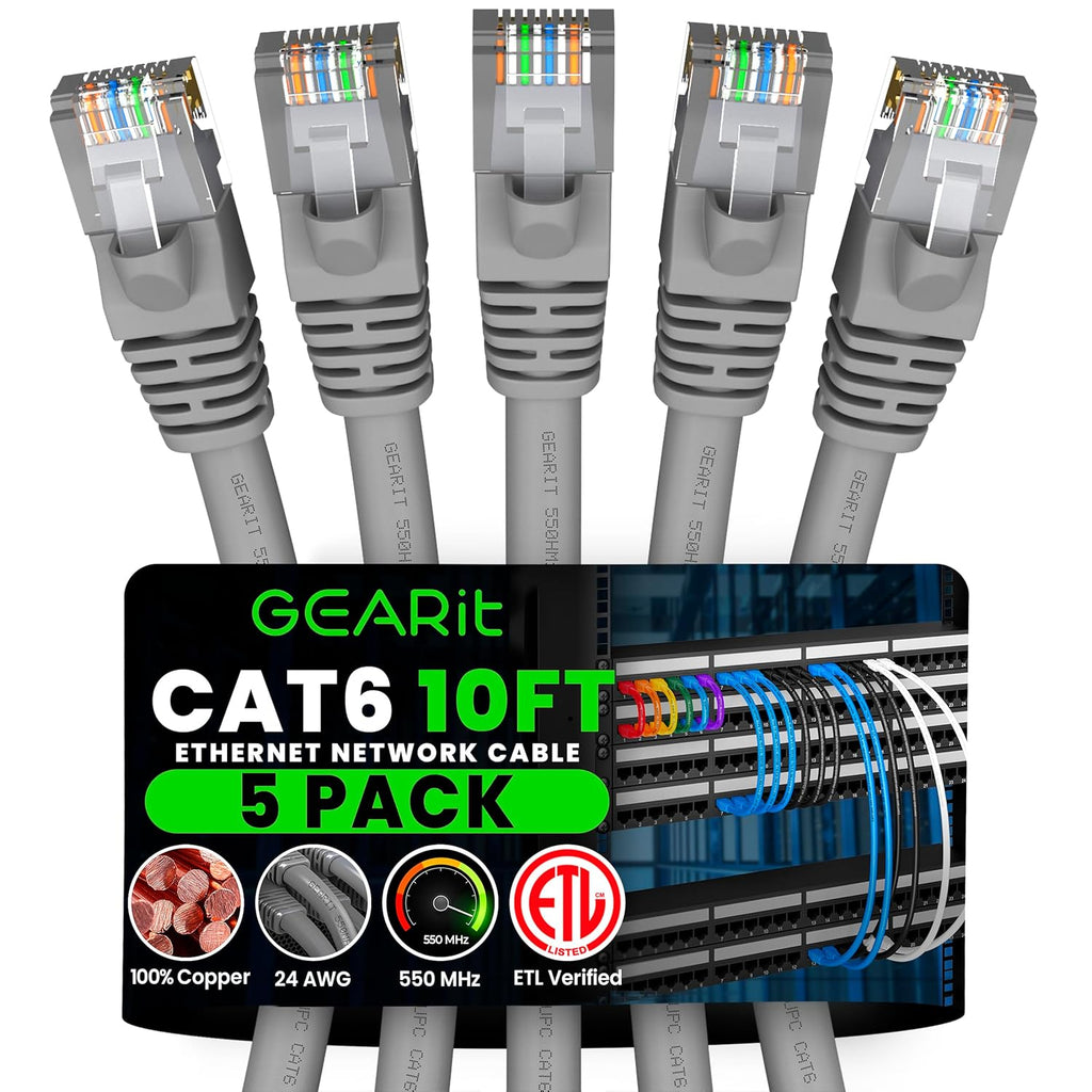 GEARit Cat 6 Ethernet Cable (5-Pack 10 Feet) Cat6 Network Patch, 10Gbps, RJ45, Snagless Cord, Gold-Plated Connectors, Internet for PC, TV, Tablet, Router, Printer, Servers, IT Data Center - Gray