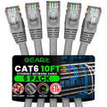 GEARit Cat 6 Ethernet Cable (5-Pack 10 Feet) Cat6 Network Patch, 10Gbps, RJ45, Snagless Cord, Gold-Plated Connectors, Internet for PC, TV, Tablet, Router, Printer, Servers, IT Data Center - Gray