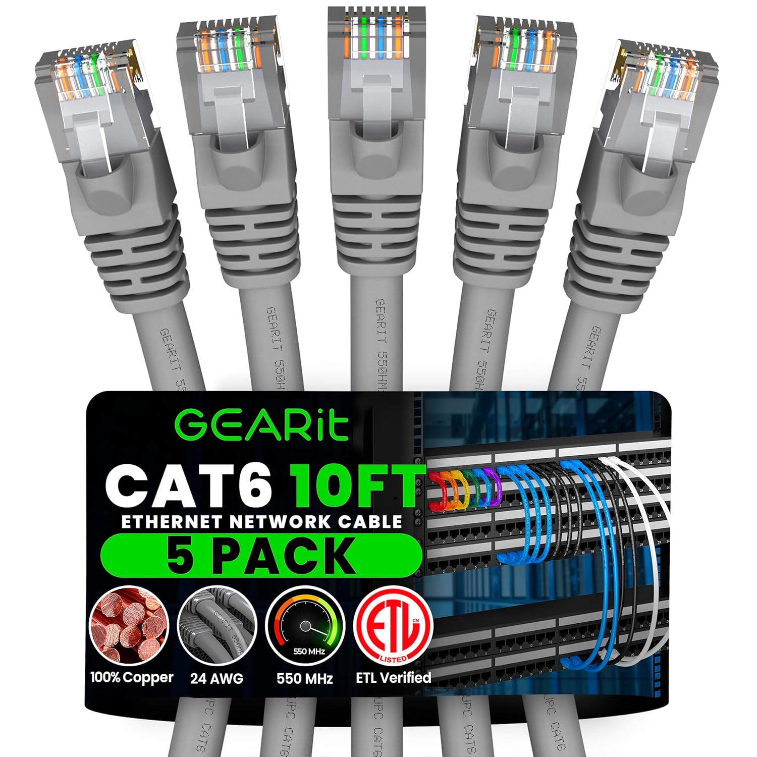 GEARit Cat 6 Ethernet Cable (5-Pack 10 Feet) Cat6 Network Patch, 10Gbps, RJ45, Snagless Cord, Gold-Plated Connectors, Internet for PC, TV, Tablet, Router, Printer, Servers, IT Data Center - Gray