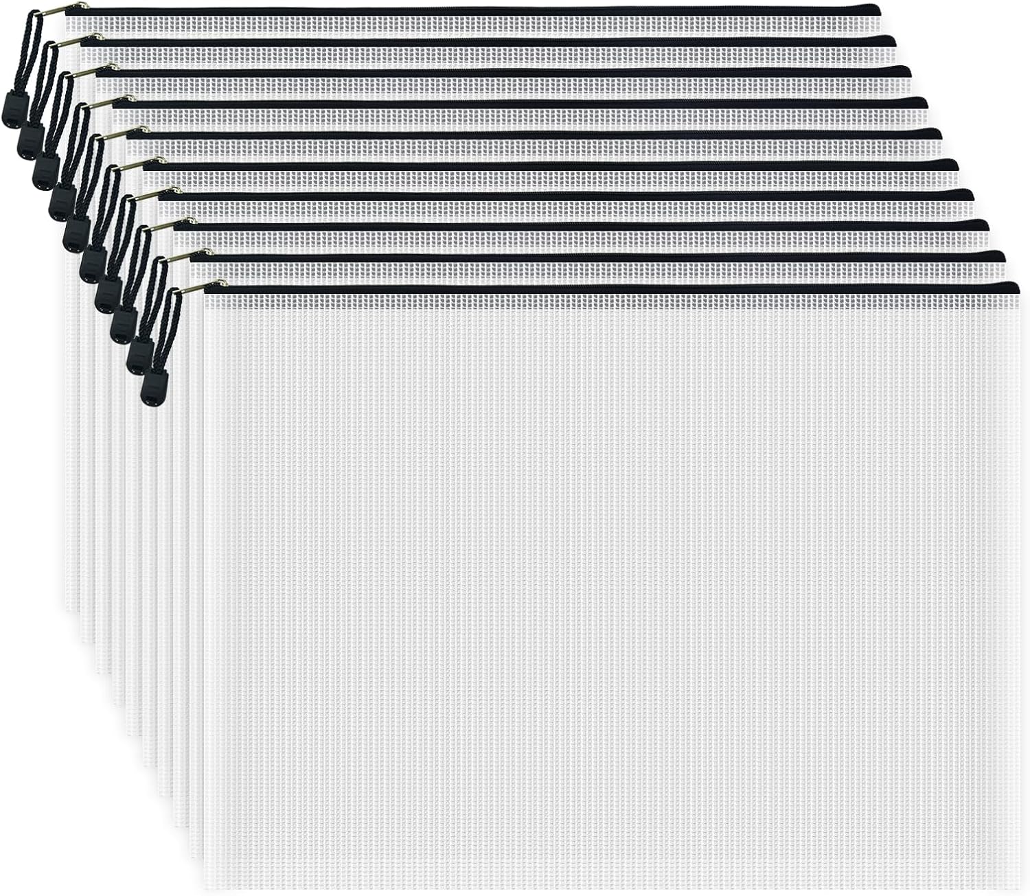 AUSTARK 10 Pcs Zipper File Bags, Waterproof Plastic Mesh Pouch for Office School, Board Game Storage Bags (A3 Size 16.9''x12'', White and Black)