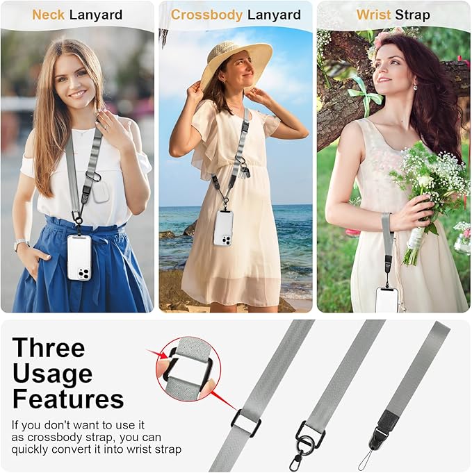 Adjustable Crossbody Phone Lanyard, Universal Phone Wrist Strap and Phone Neck Strap with Tether Tab, Phone Lanyard with Quick Release, Suitable for iPhone and Most Smartphones, Grey