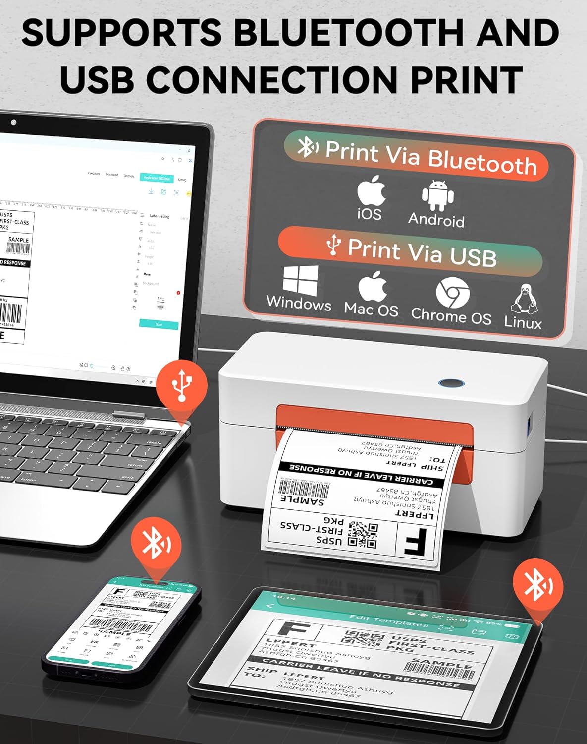 Bluetooth Thermal Label Printer, Wireless 4x6 Shipping Label Printer for Small Business & Shipping Package Compatible with Android, iOS, Windows & Mac, Used for Amazon, Ebay, Shopify, USPS Etc