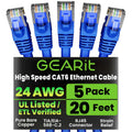GEARit Cat 6 Ethernet Cable Pack - 5-Pack 20 ft Cat6 Ethernet Patch Cables | RJ45 Network Patch Cable, 10 Gbps Snagless Gold-Plated Connectors - Ethernet Cable Cat 6 for PC, TV, Router - Blue