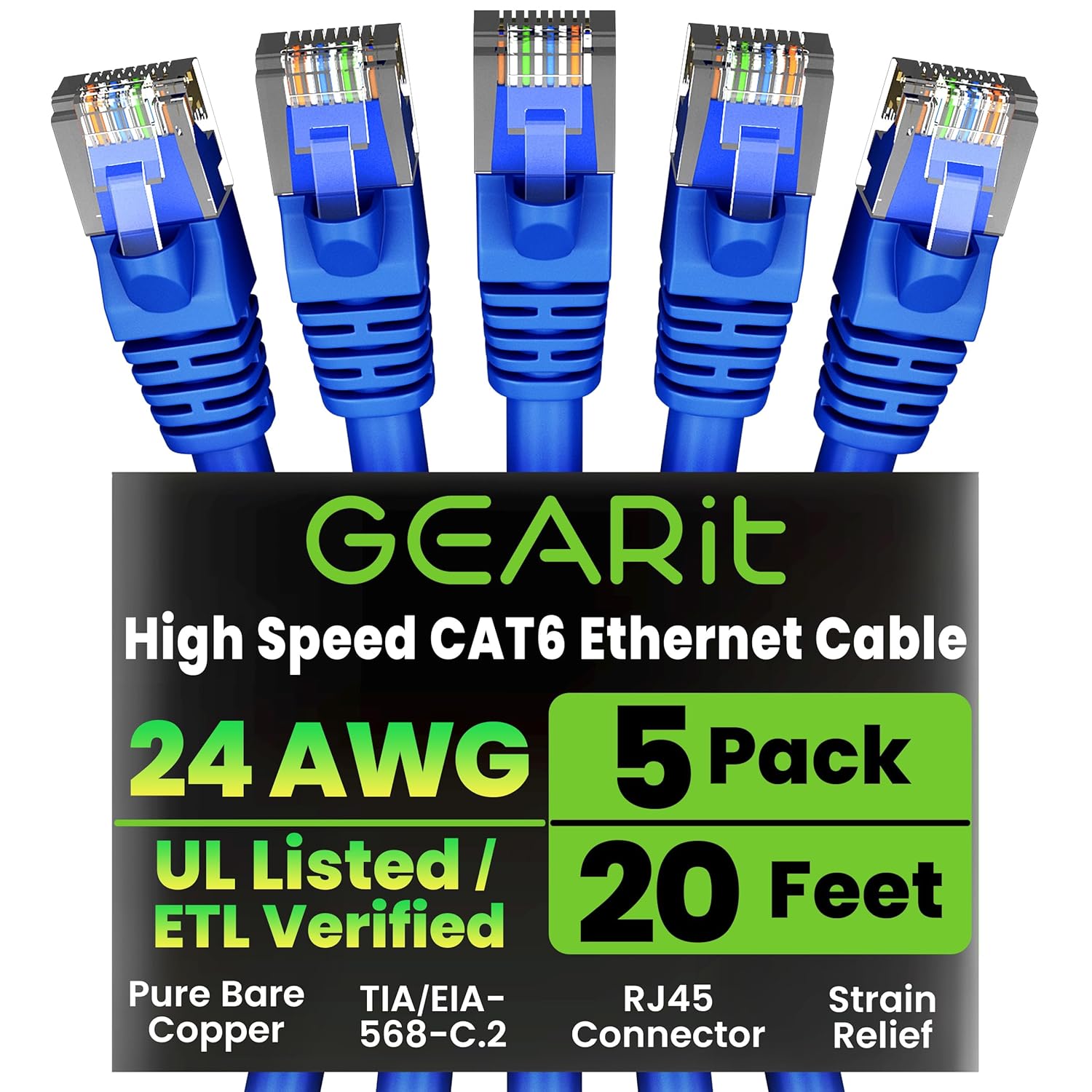 GEARit Cat 6 Ethernet Cable Pack - 5-Pack 20 ft Cat6 Ethernet Patch Cables | RJ45 Network Patch Cable, 10 Gbps Snagless Gold-Plated Connectors - Ethernet Cable Cat 6 for PC, TV, Router - Blue