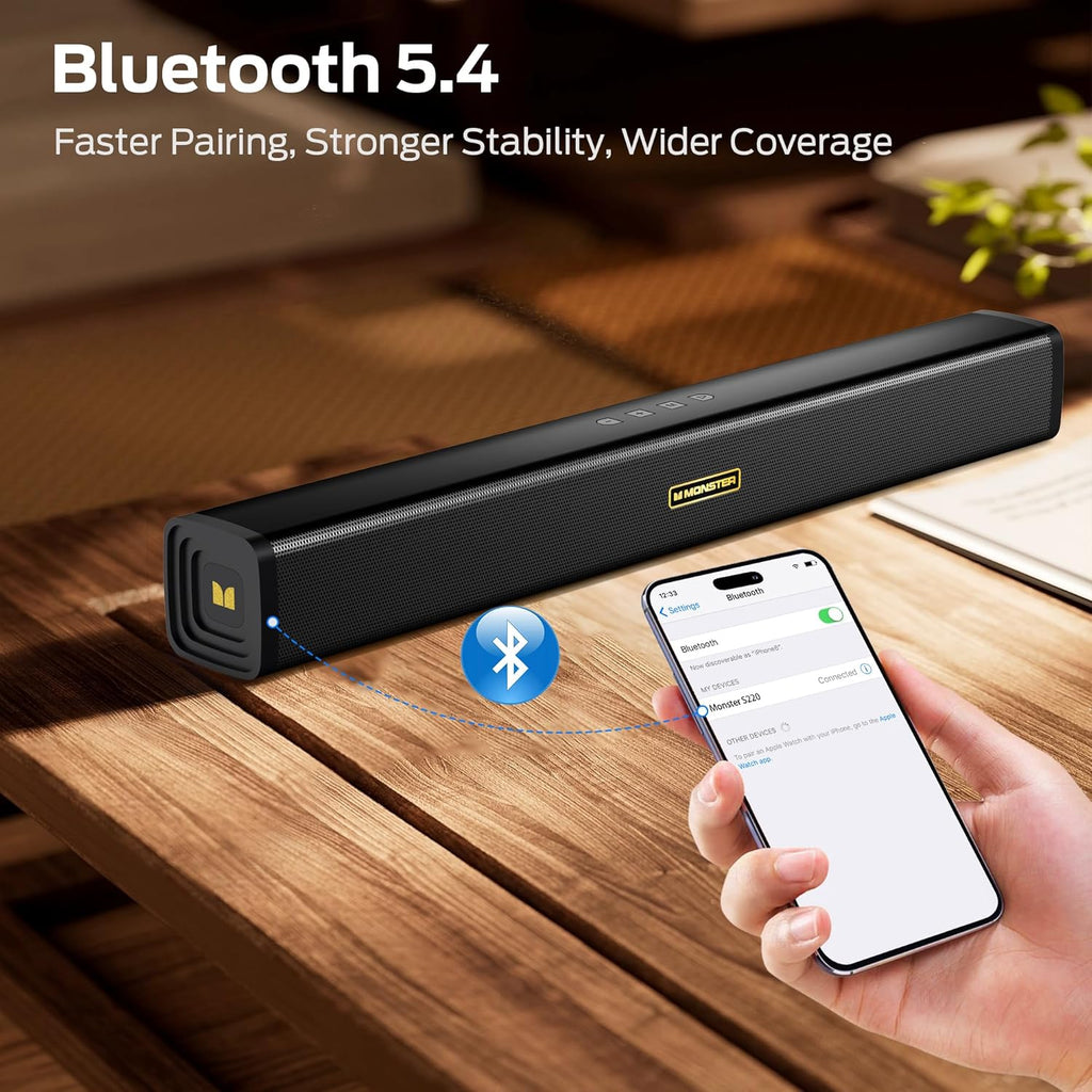 Monster S220 Bluetooth Soundbar for TV, Bluetooth 5.4 Sound Bar, 2.0CH with Dual Bass Diaphragm, All-in-one Home Theater Speakers, Compact, AUX/USB/TF Card Connection for TV/PC/Gaming/Projectors