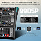 Audio Mixer, TKLBLS Professional 8 Channel DJ Mixer Board with 99-Bit DSP, Sound Board Mixing Console 7-Band EQ Output, USB Audio Interface, Bluetooth 48V Phantom Power For Karaoke Studio Streaming