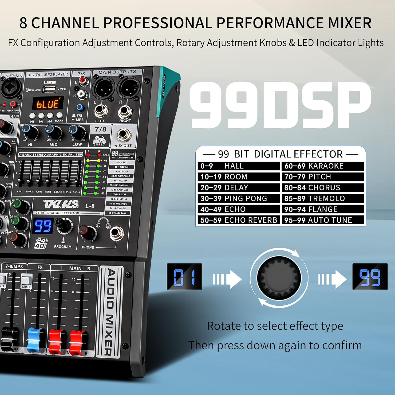 Audio Mixer, TKLBLS Professional 8 Channel DJ Mixer Board with 99-Bit DSP, Sound Board Mixing Console 7-Band EQ Output, USB Audio Interface, Bluetooth 48V Phantom Power For Karaoke Studio Streaming