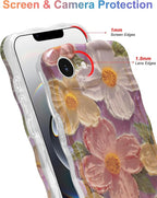 Jusy Compatible with iPhone 16e, Colorful Retro Oil Painting Printed Flower Laser Blue Glossy Pattern Cute Curly Wave Phone Case Soft TPU Cover for Girly Women - Pink