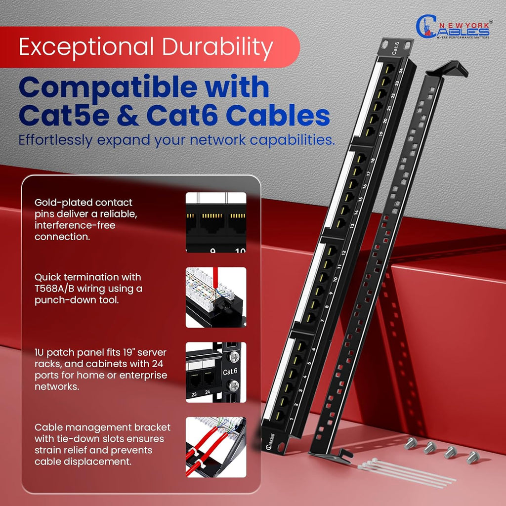 NewYork Cables 24 Port Cat6 Patch Panel – 10Gb Ethernet, 1U Rackmount 19-Inch, T568A/B Color-Coded Labels, Unshielded, 110/Krone Compatible, Black