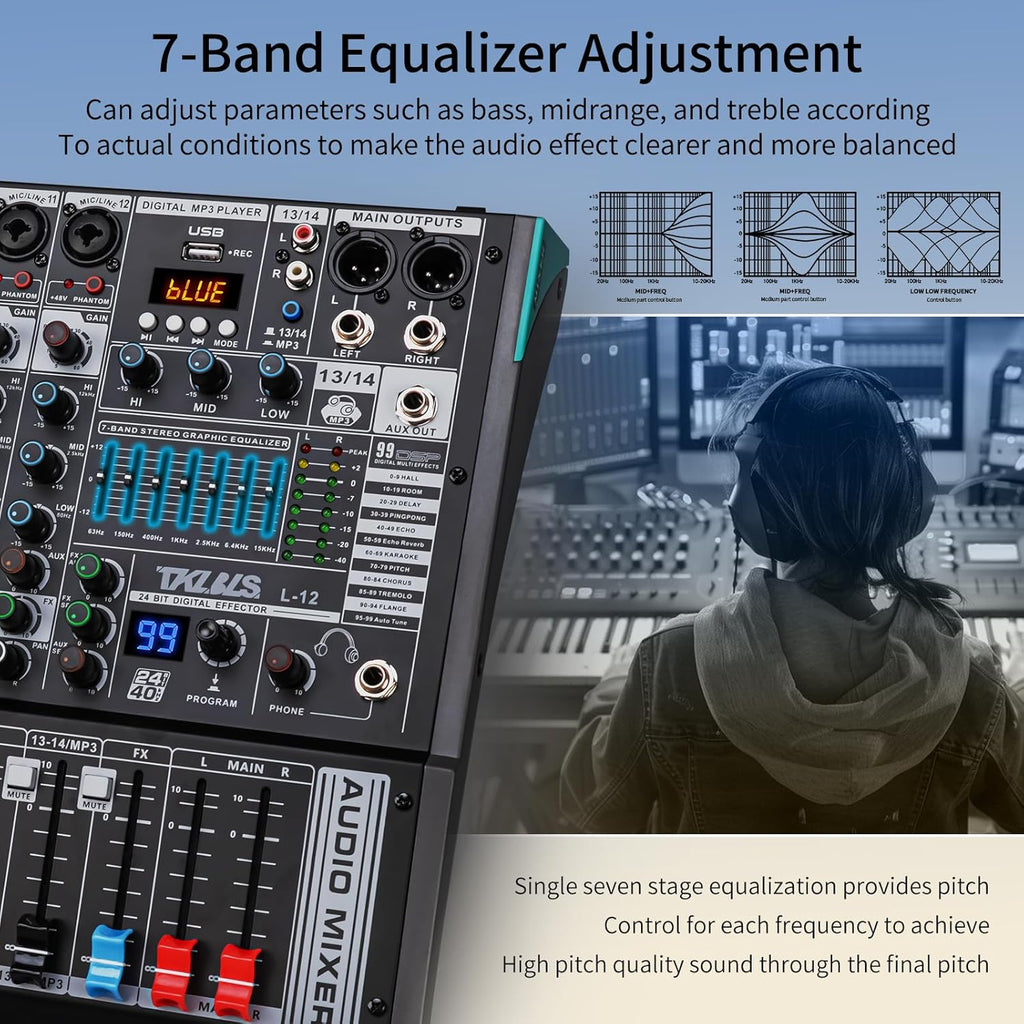 DJ Mixer, TKLBLS Professional 12 Channel Audio Mixer Board with 99-Bit DSP, Sound Board Mixing Console 7-Band EQ Output, USB Audio Interface, Bluetooth 48V Phantom Power For Karaoke Studio Streaming