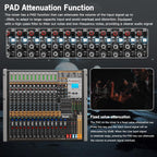 Professional Audio Mixer, 12 Channel Sound Board Mixing Console, Dual DSP Reverb Studio Mixer Board, Dual 7-Band EQ, 48V Phantom Power, 4 Group Stereo Output Input, PAD