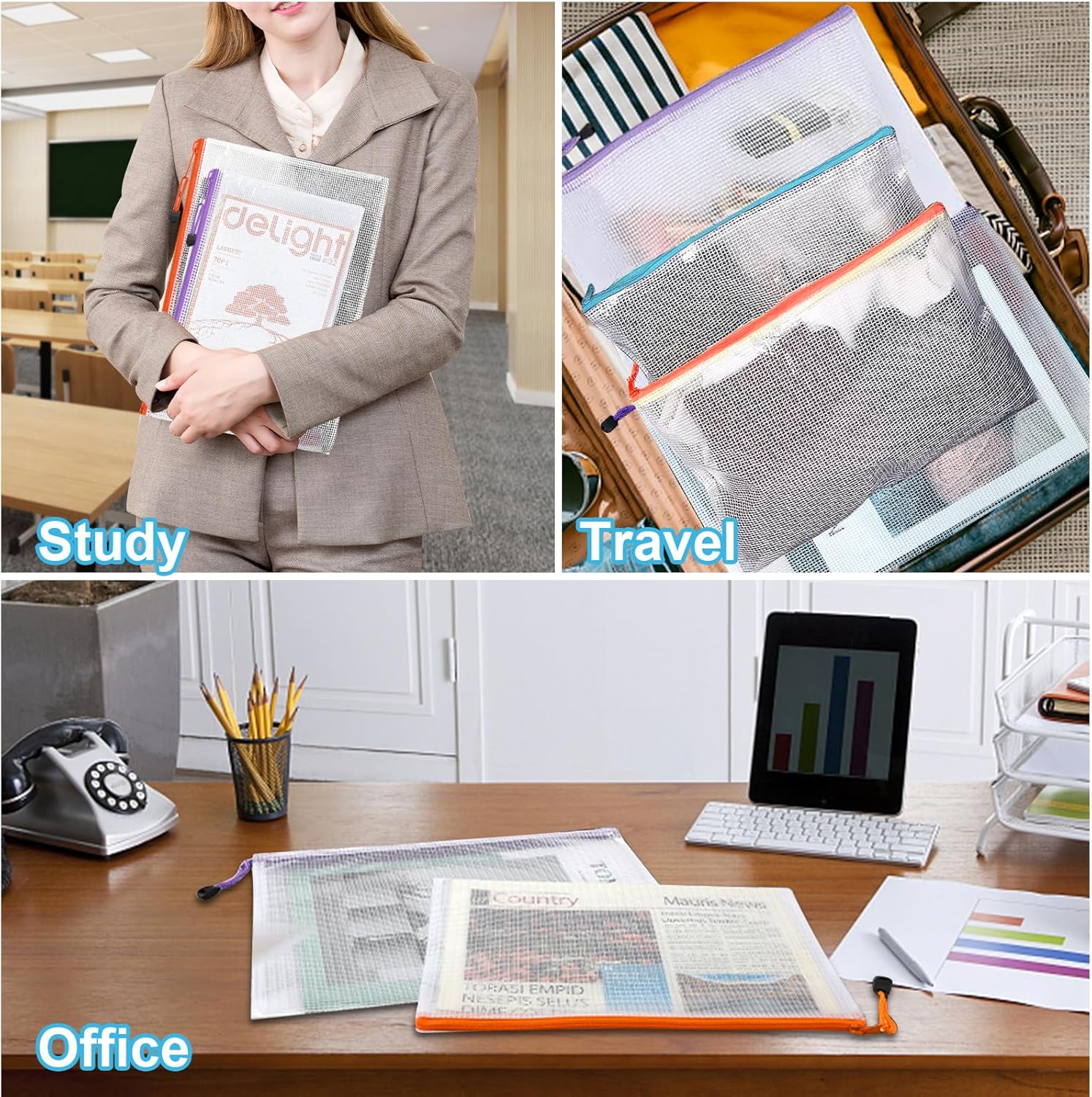 Mesh Zipper Pouch,Waterproof Zipper Bags,18pcs Document Folders,for Puzzle Board Game Storage,for School Office Supplies.