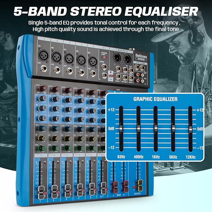 Professional Audio Mixer, 6 Channel, Input 48V Phantom Power Stereo Digital USB Bluetooth MP3 Computer Input, Build-in 16 Effect DSP, for Recording, Live Streaming, Podcasting MG60S