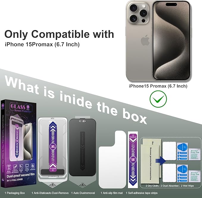 2 Pack Matte Privacy Screen Protector for iPhone 15 Pro Max 6.7-Inch Auto Dust Removal, No Bubbles,Anti-Spy Tempered Glass Film, Easy Installation