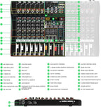Audio Mixer 12 Channel Professional Mixer Console with 320 DSP Effects, 7-band EQ Sound Mixing Board Digital DJ Mixer w/USB Bluetooth MP3 for Recording, Independent 48V Power & Mute Button