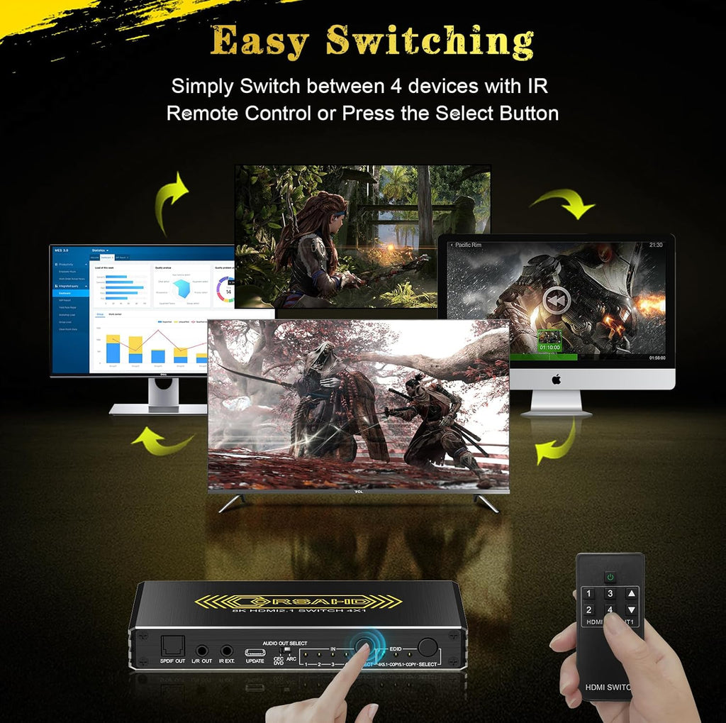 4K@120Hz HDMI 2.1 Switch 4 in 1 Out with Audio Extractor,48Gbps,HDCP 2.3,HDR 10+,ARC,VRR,ALLM,CEC,IR Remote,Optical SPDIF 5.1Ch,AUX L/R 3.5mm 2.1Ch,HDMI Switcher 4x1,4 Port HDMI Selector